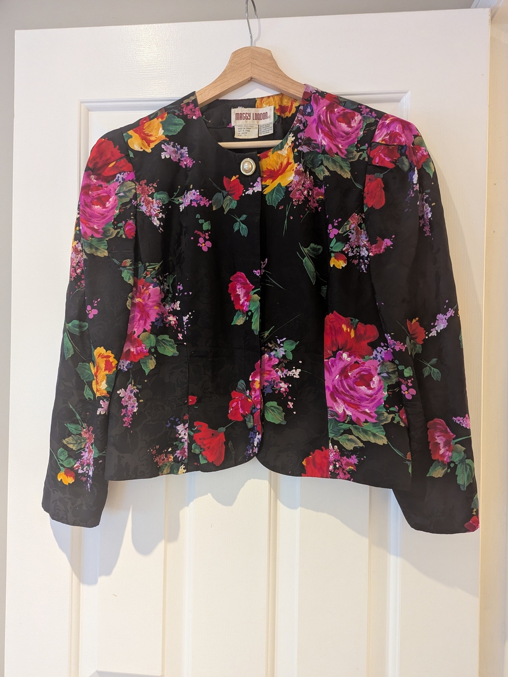 Vintage Maggy London Silk Jacket Whimsigoth Floral Cropped Blazer 80s 90s M/L